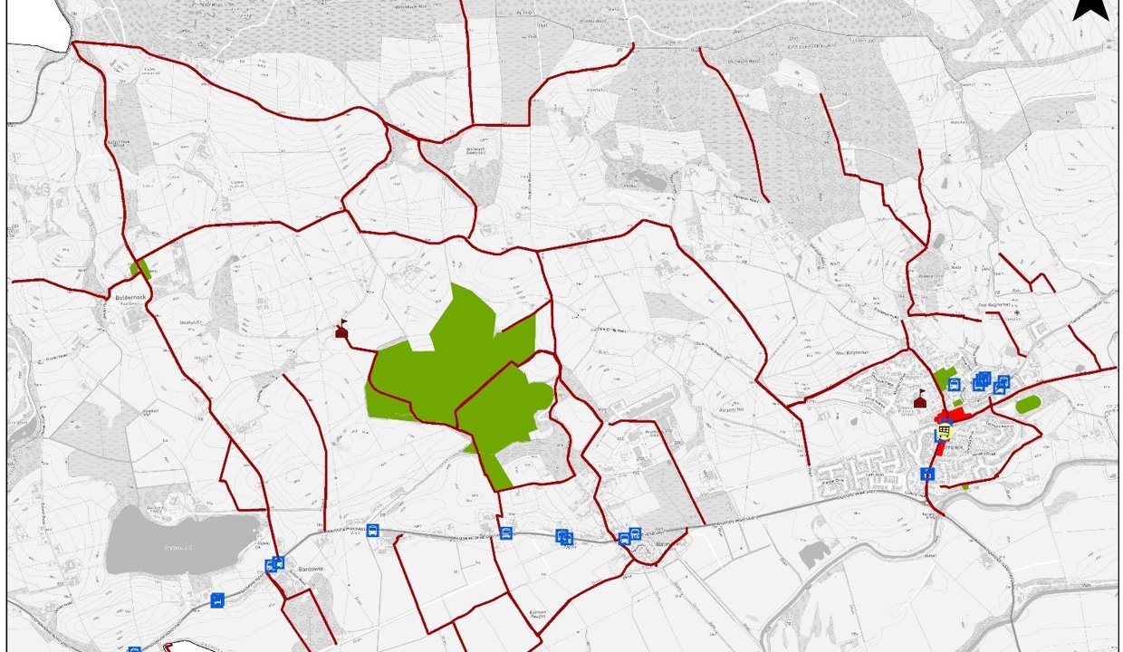 The above map shows active travel routes, public transport and key trip generators in Torrance, Balmore and Bardowie.