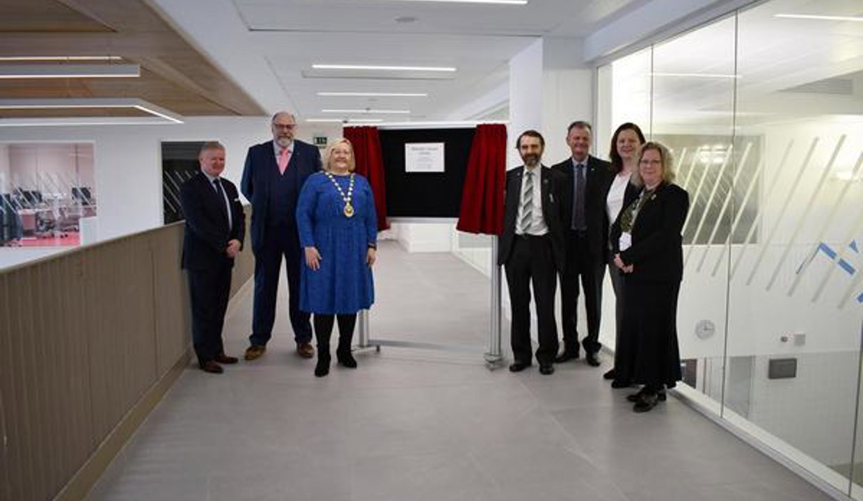 Pictured at the Allander (from left): Mark Grant, General Manager – East Dunbartonshire Leisure and Culture (EDLC) Trust; Cllr Calum Smith, Chair of East Dunbartonshire Health and Social Care Partnership (HSCP); Provost Gillian Renwick; Councillor Gordan Low, Leader of East Dunbartonshire Council; Cllr Jim Gibbons, Chair of EDLC Trust; Angela Fegan, the Council's Executive Officer for Customer Services & Organisational Development; and Caroline Sinclair, Chief Officer – East Dunbartonshire HSCP.