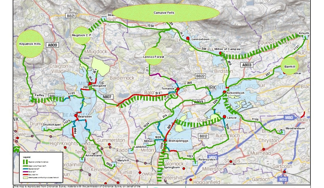 The map (above) shows East Dunbartonshire’s key internal and cross-boundary green network routes. Key cross-boundary green network routes include routes between Milngavie and Strathblane, Bearsden and Faifley (Clyde Coastal Path), Bishopbriggs and Glasgow and Milton of Campsie and Kilsyth.