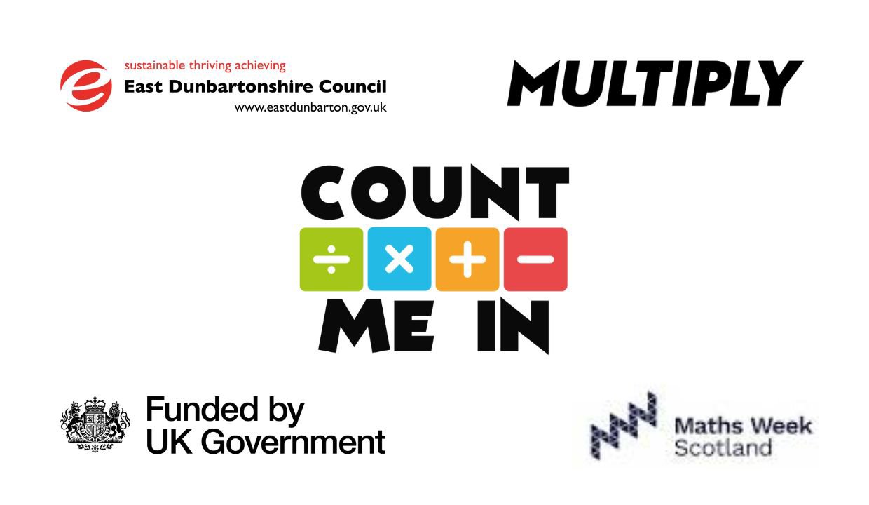 Logo from top to bottom: East Dunbartonshire Council, Multiply, Count Me In, Funded by the UK Government, Maths Week Scotland