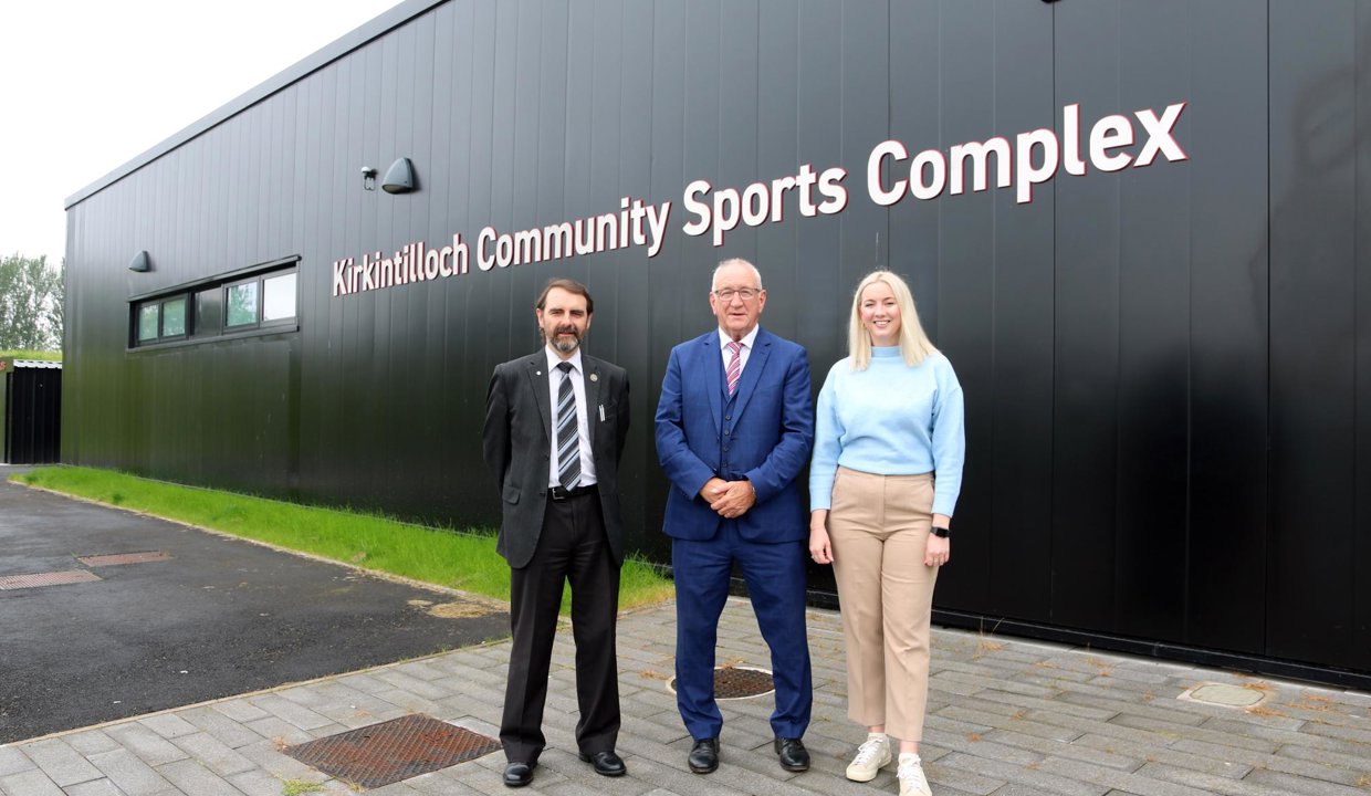 Pictured (from left): Councillor Gordan Low, Leader of the Council; Jim Gilmour, Chair of Kirkintilloch Community Sports Club; and Colette Scullion, who was Quantity Surveyor on the project for Robertson Construction.