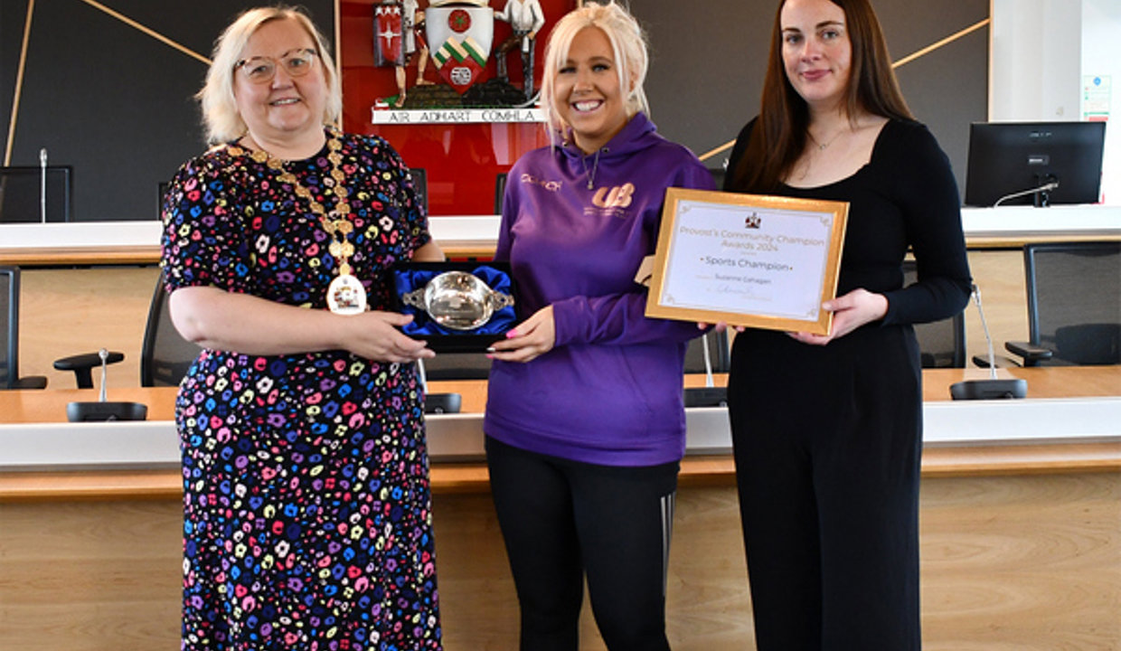 Provost Renwick and Depute Provost McDiarmid with Sports Champion Suzanne Gahagan