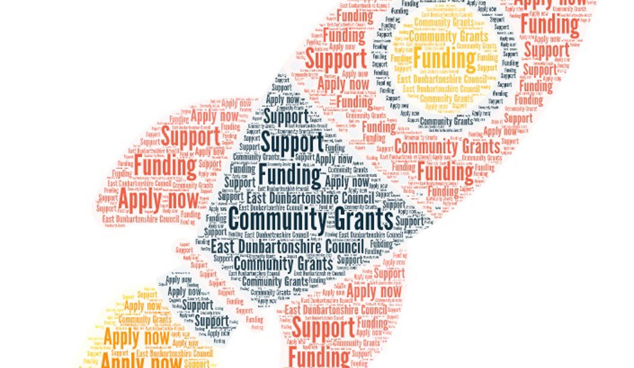 Image of a rocket made up of words such as support, community grants and funding