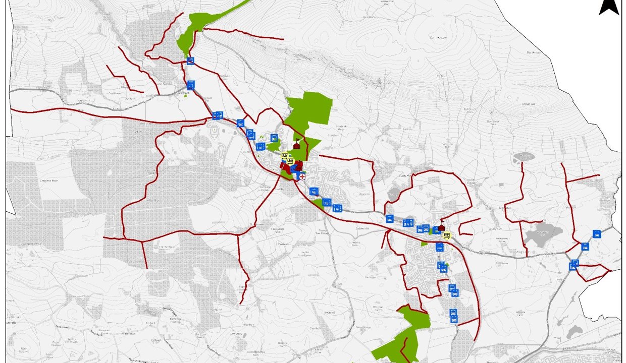 This map shows active travel routes, public transport and key trip generators in Lennoxtown and its surrounds