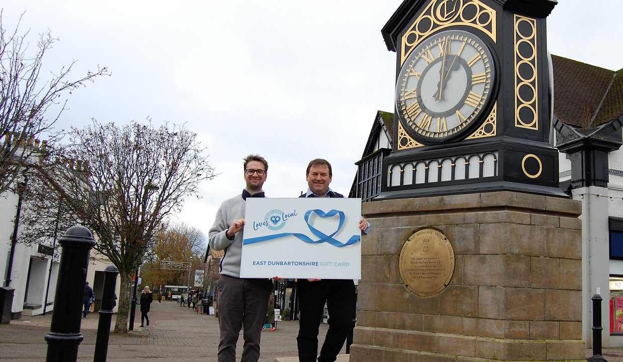 Pictured (from left) are Councillor Paul Ferretti, Convener of East Dunbartonshire Council’s Place, Neighbourhood and Corporate Assets Committee, and Tony I'Anson from Milngavie BID.