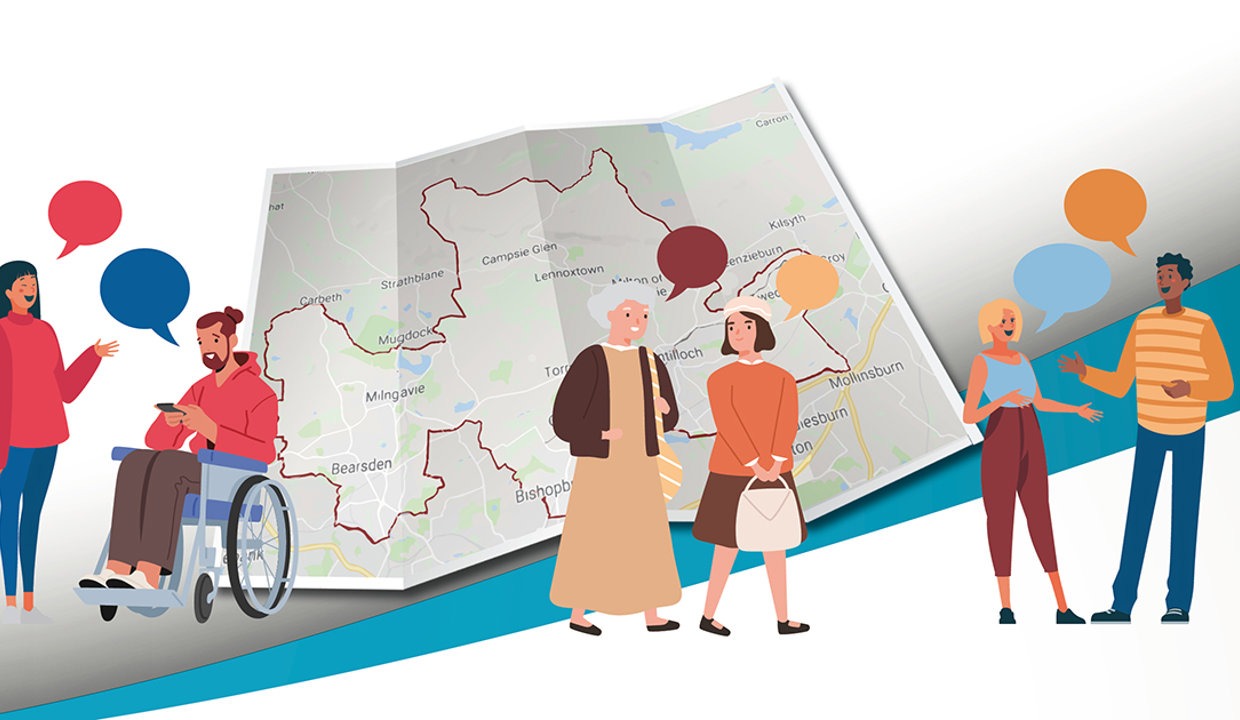 People standing chatting with each other in front of a map