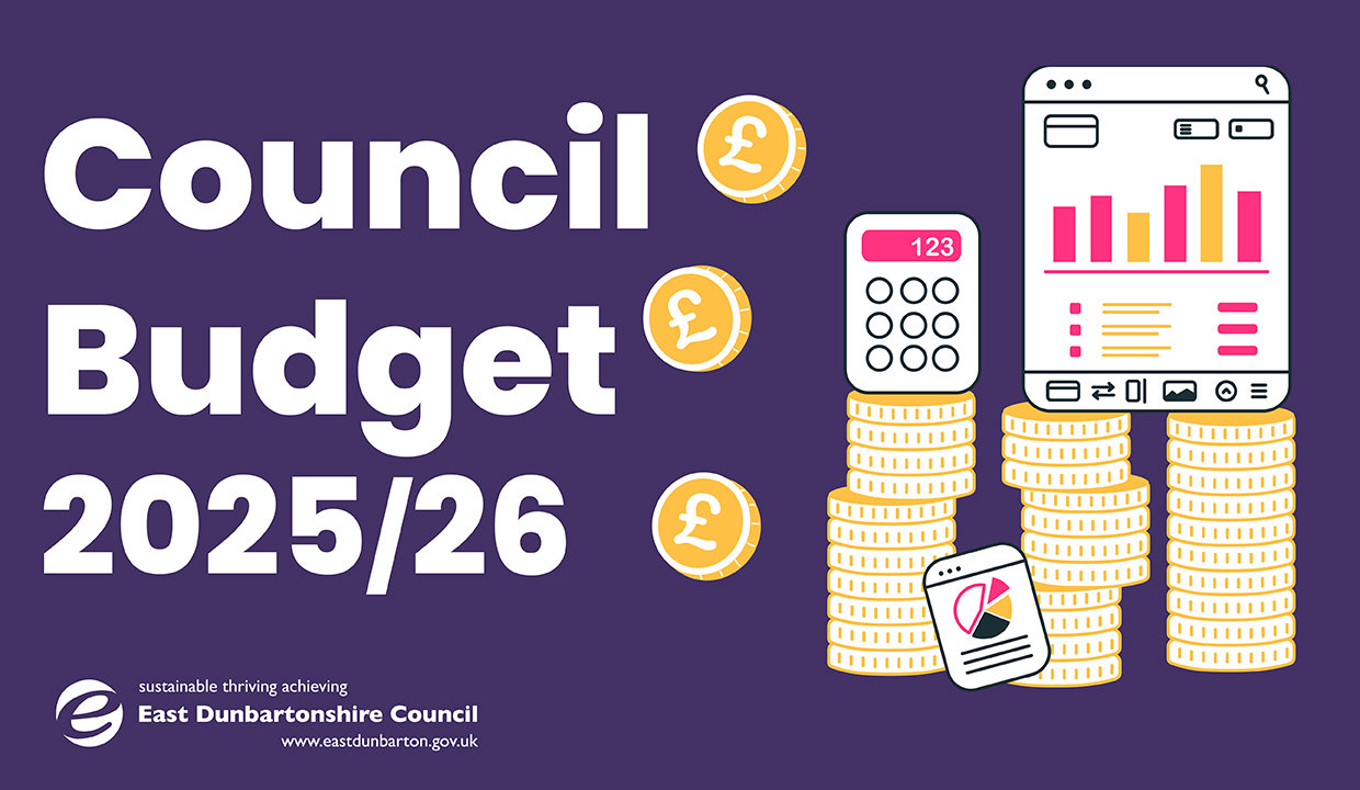 council budget 2025/26 graphic with coins and calculator