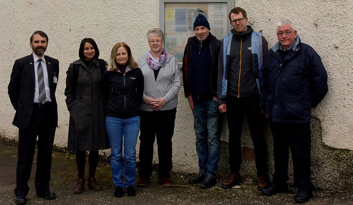 Council Leader Gordan Low with Catherine Drummond and Council Officers outside Campsie Memorial Hall