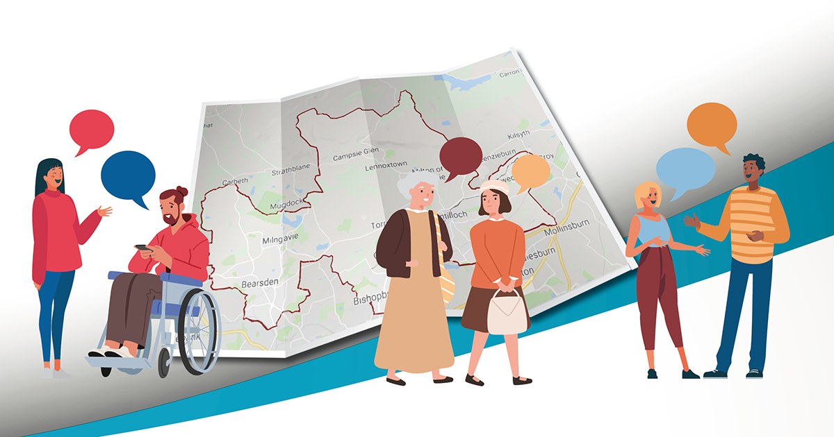 drawn people standing in front of map