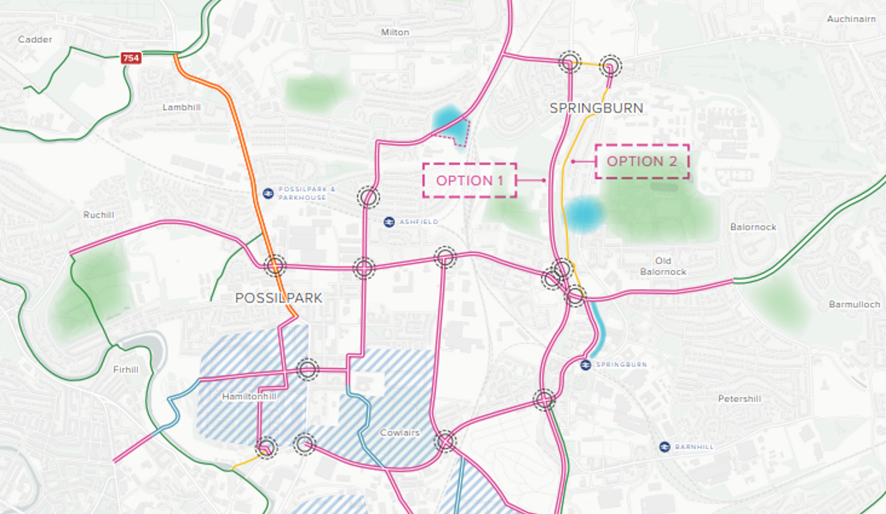 The map of north Glasgow, Bishopbriggs and Auchinairn shows GCC’s plans for comprehensive active travel infrastructure in the area. Purple routes on the map are segregated cycleways. Notably, Auchinairn still lacks connection south towards Glasgow under these plans and connections between Bishopbriggs town centre and Auchinairn should be a priority.